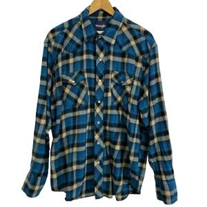 Wrangler Blue Plaid Pearl Snap Flannel Shirt XXL Western Long Sleeve Shirt